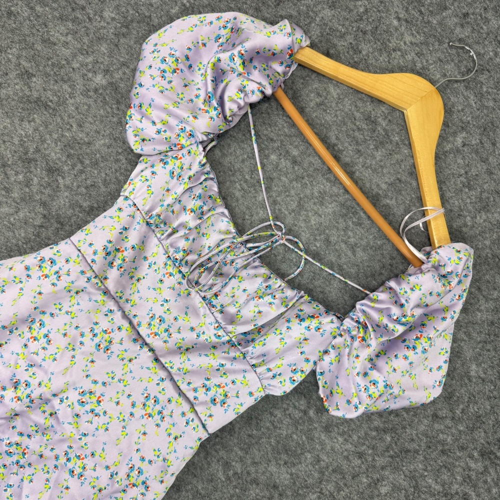 ZARA Women Lavender Floral Puff Sleeve Smocked Tie Back Mini Dress‎ Medium